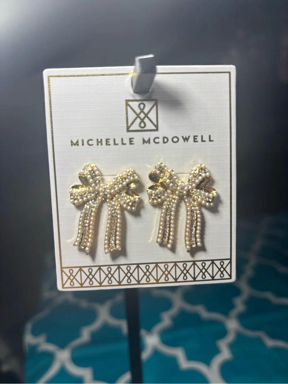 New Michelle McDowell Gold Bow Rhinestone Earrings